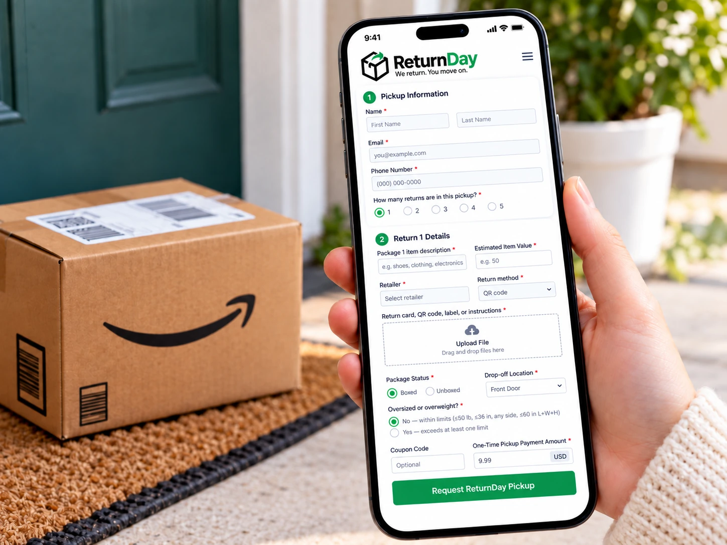ReturnDay booking form displayed on a phone beside a package ready for pickup