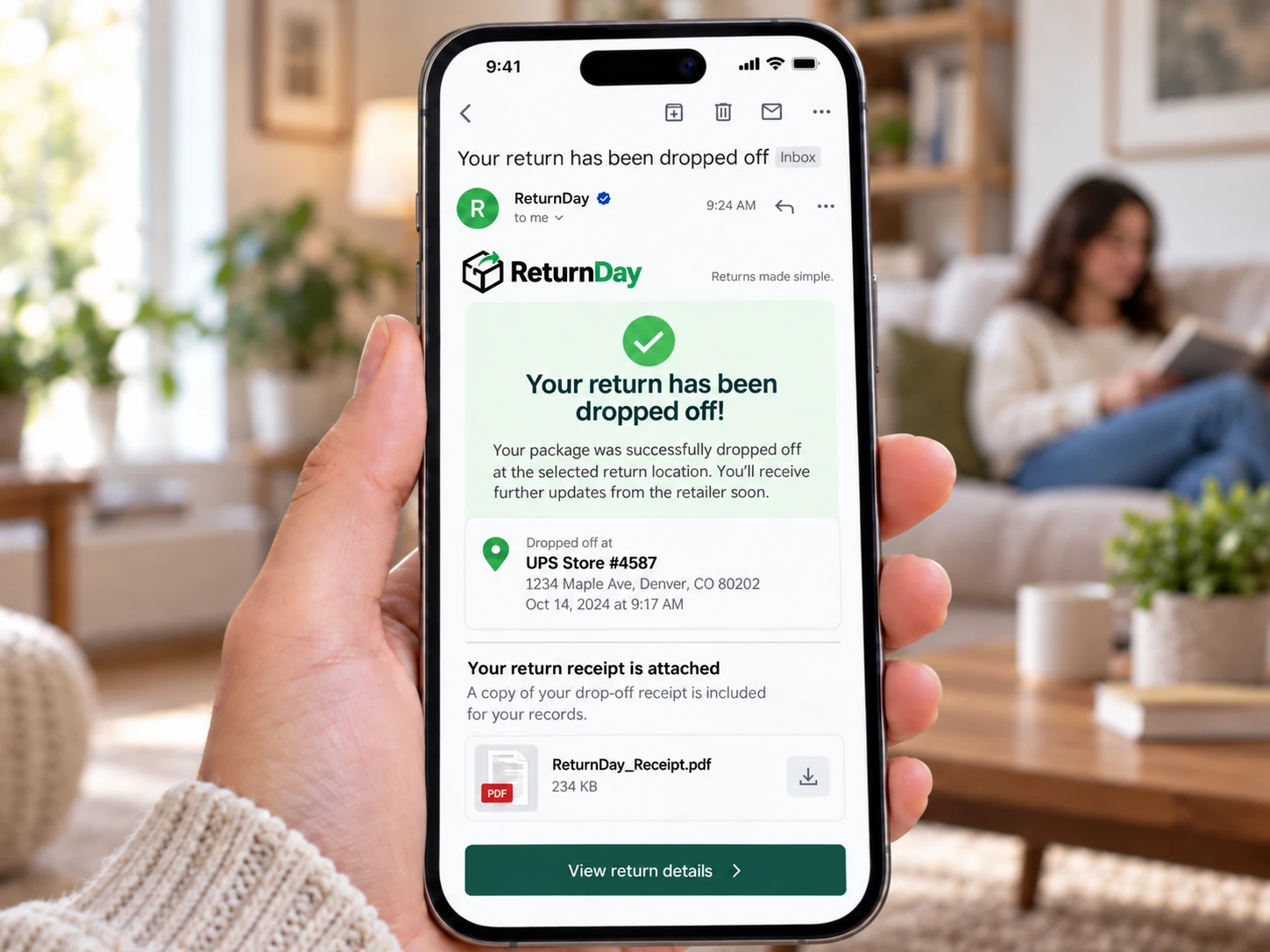 ReturnDay package drop-off confirmation shown on a phone